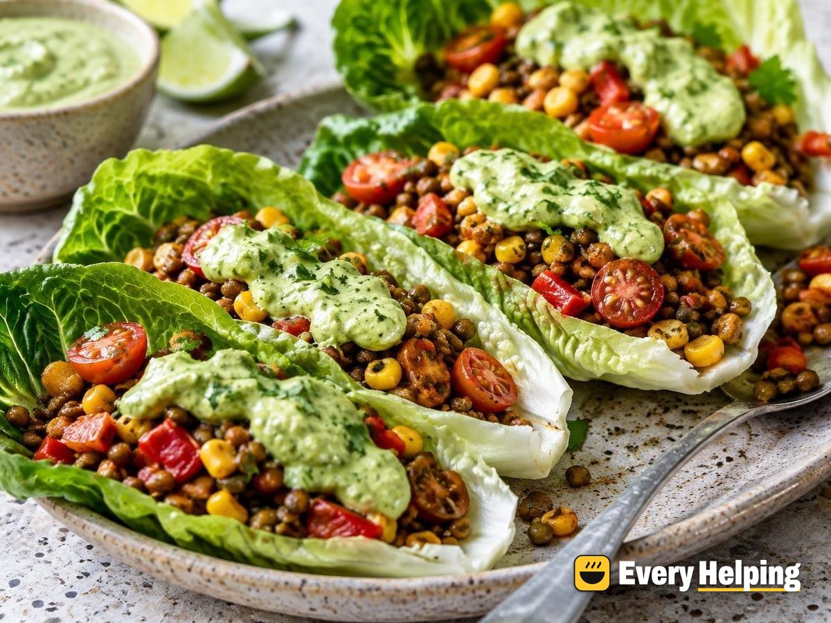 Smoky Lentil Lettuce Wraps with Avocado Crema