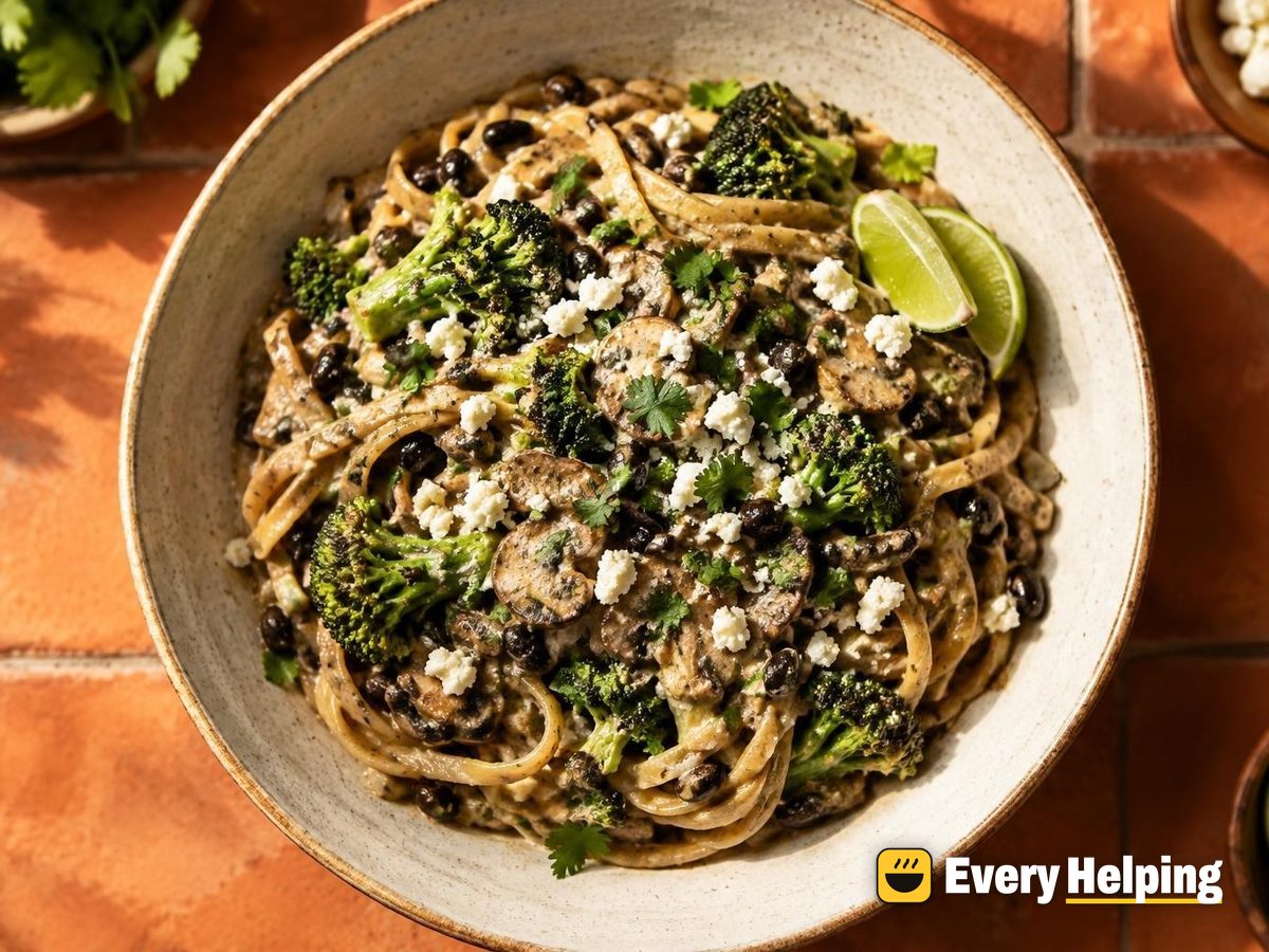 Black Bean Poblano-Style Mushroom Crema Linguine