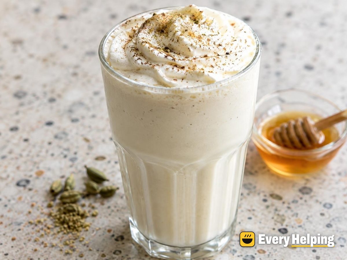 Frothy Cardamom Honey Lassi with Toasted Cream