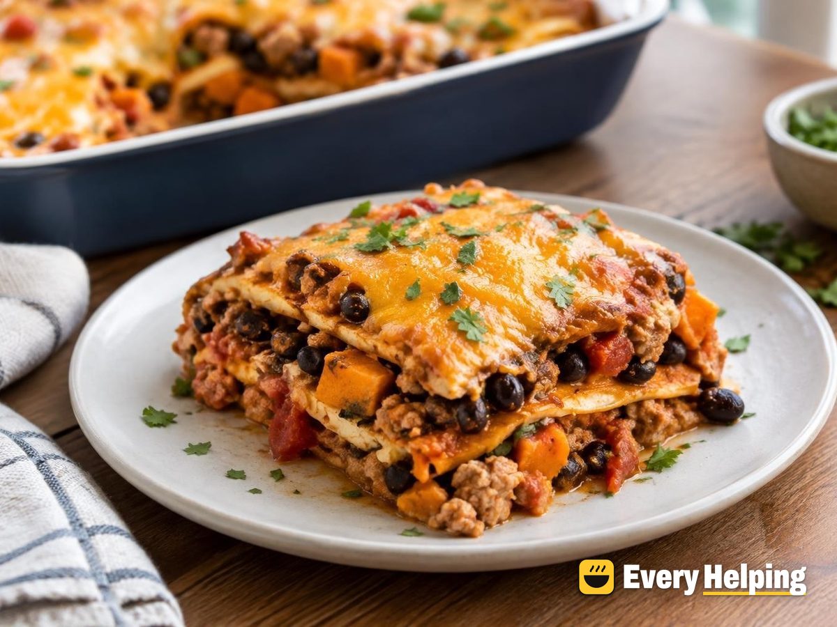 Turkey, Black Bean and Sweet Potato Enchilada Bake
