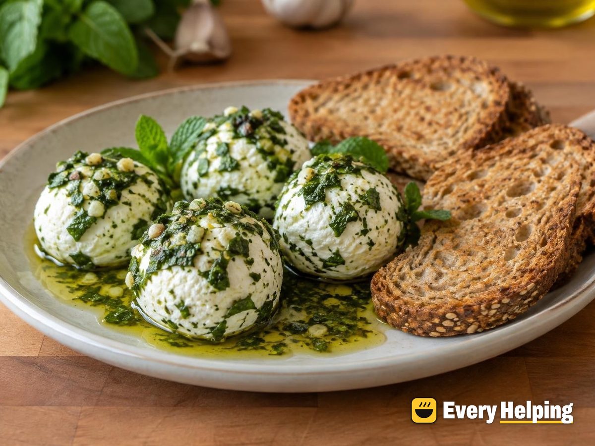 Labneh Balls in Garlic-Mint Oil with Toast