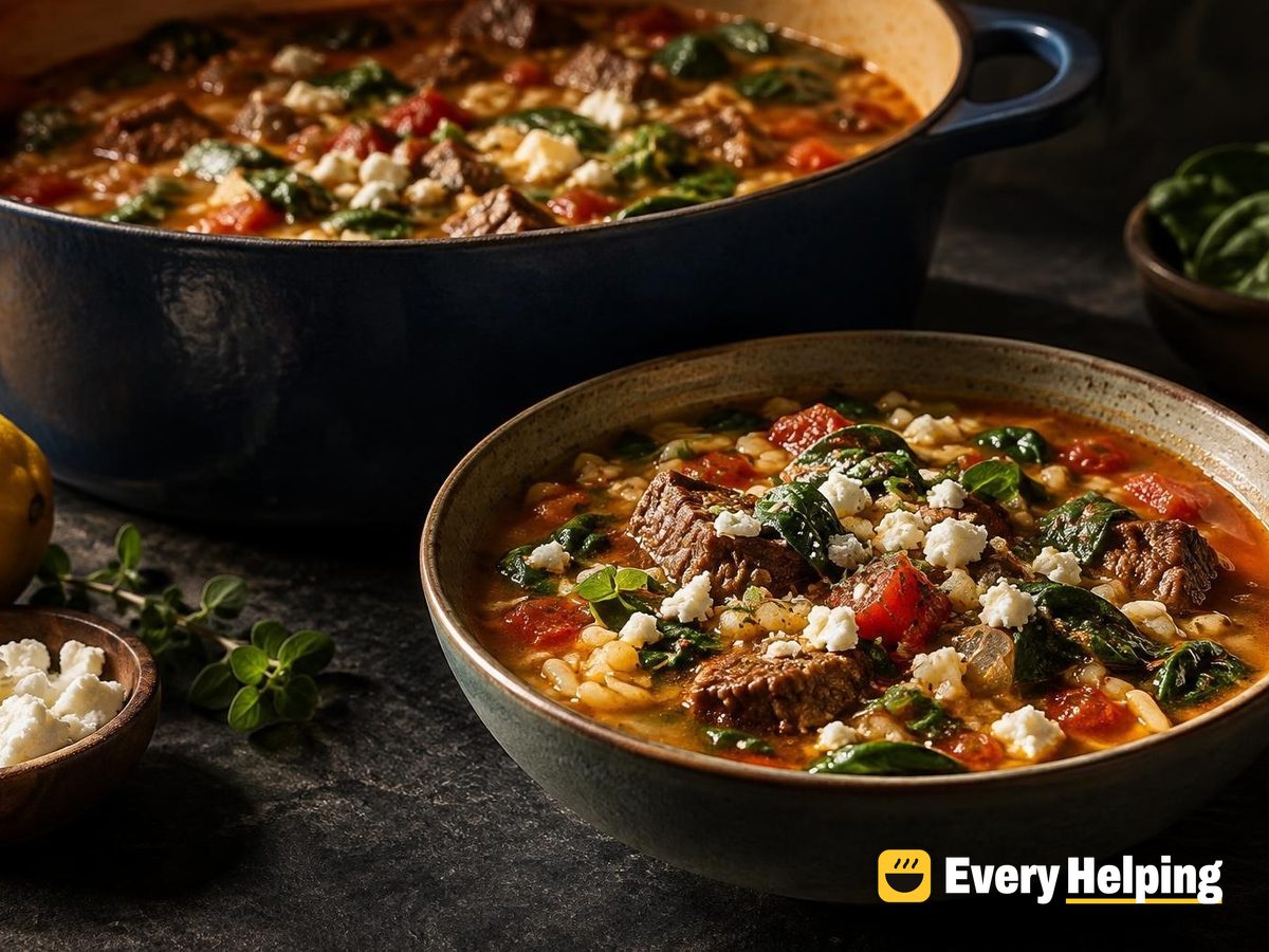 Greek Lemon-Oregano Beef, Orzo-Style Couscous and Spinach Soup