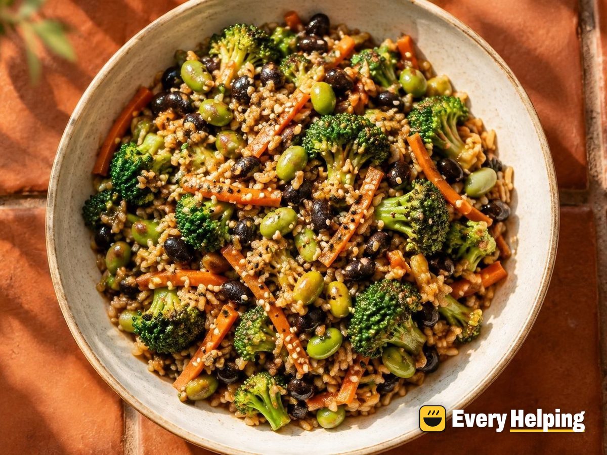 Crispy Edamame and Black Bean Ginger Rice