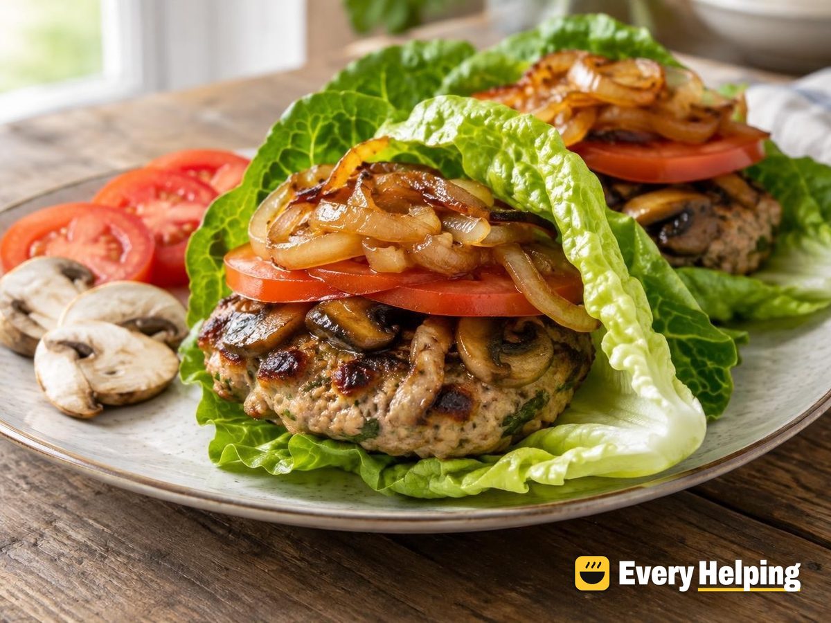 Skillet Turkey Mushroom Burgers with Caramelized Onions
