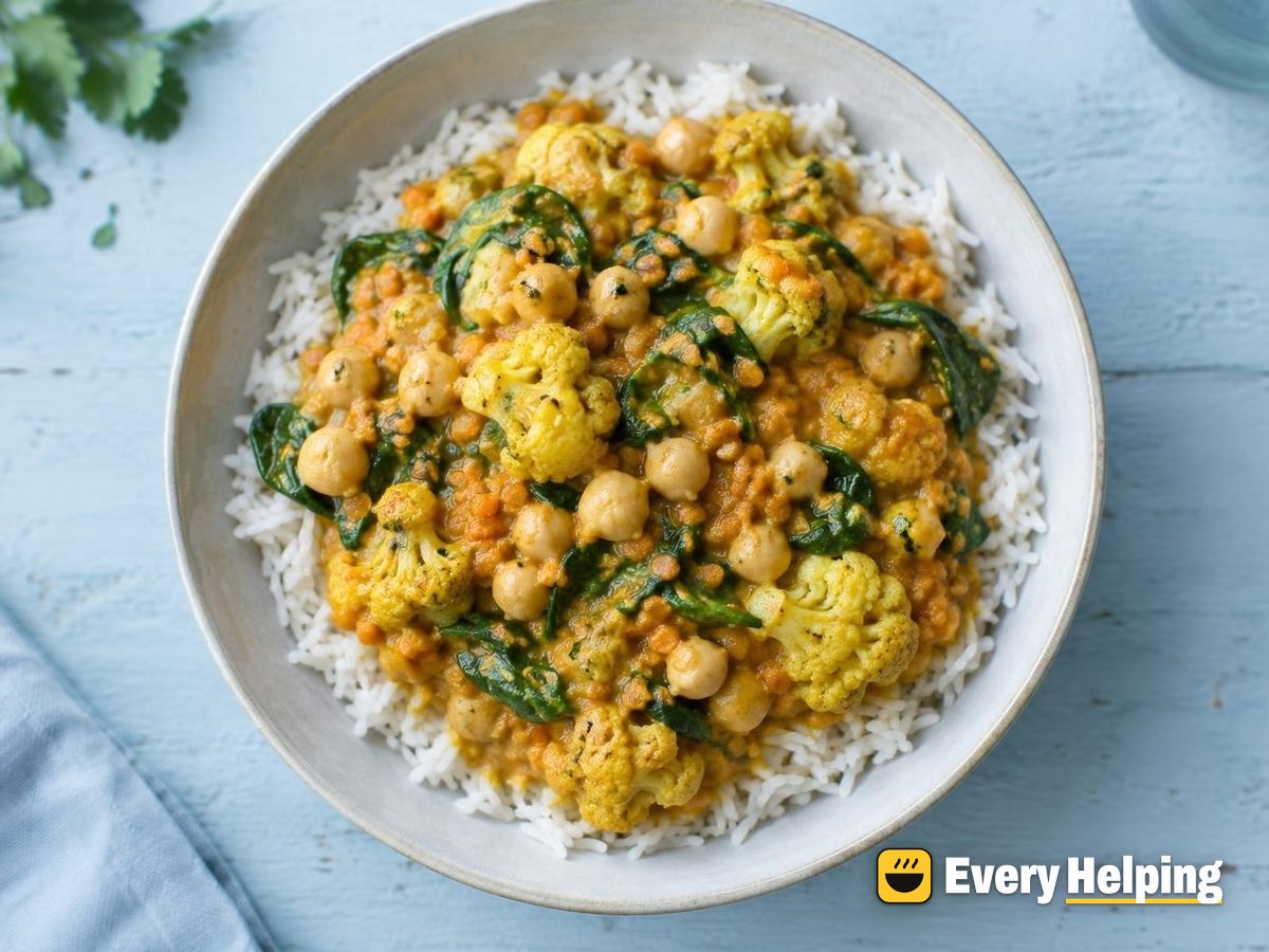 Red Lentil Chickpea Coconut Curry with Cauliflower