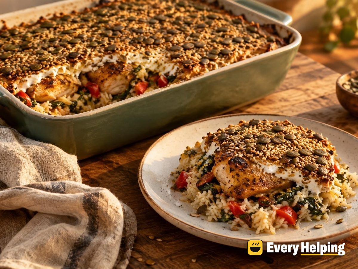 Turkish-Spiced Chicken Rice Bake with Seed Crust