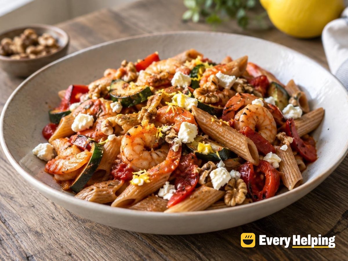 One-Pot Charred Pepper Shrimp Penne with Feta