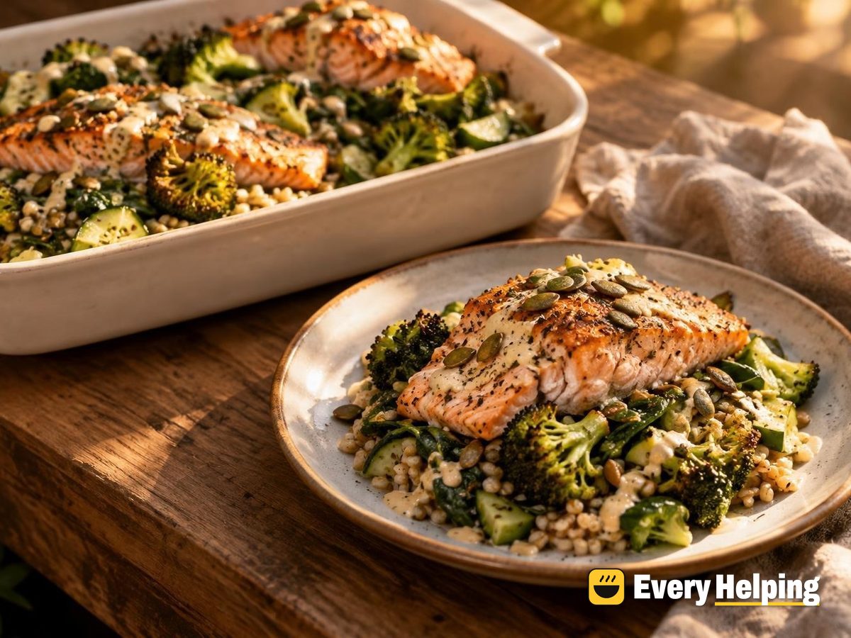 Roasted Salmon Farro-Style Barley Tahini Salad