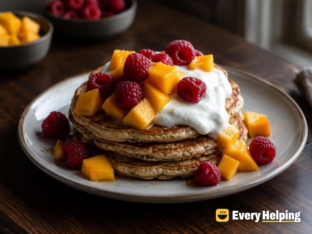 Blender Oat Pancakes with Mango and Raspberries