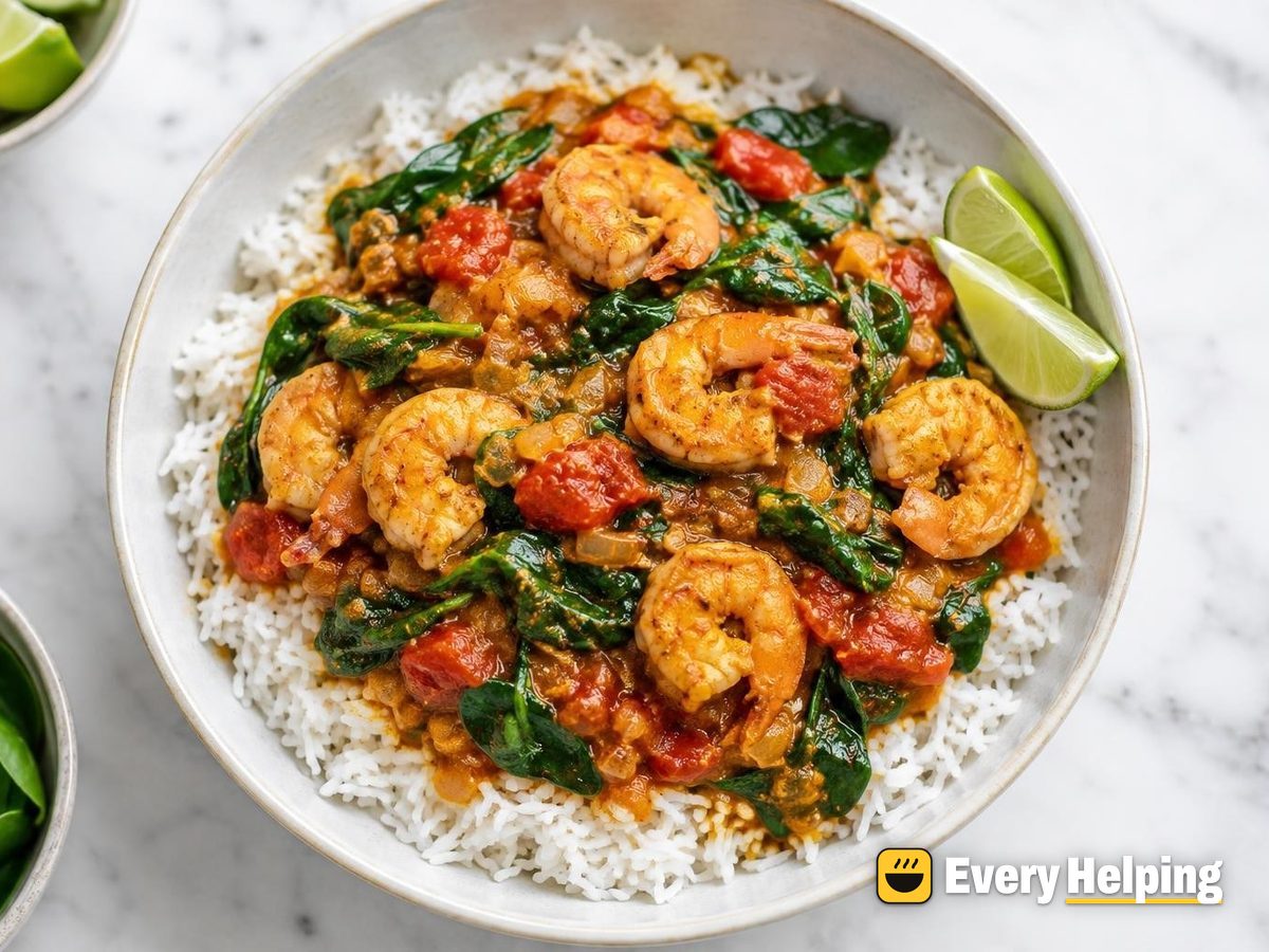 Shrimp and Spinach Tomato Curry with Rice