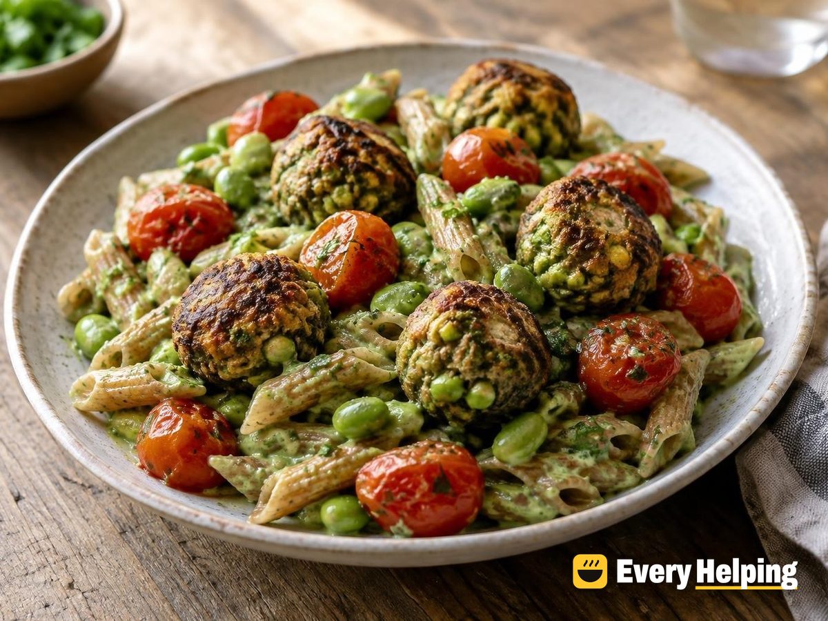 Skillet Tofu-Edamame Kofta with Green Tahini Pasta