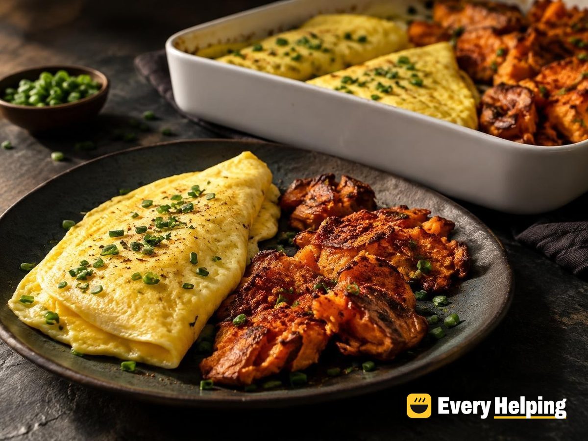 Herbed Omelets with Crispy Smashed Sweet Potatoes