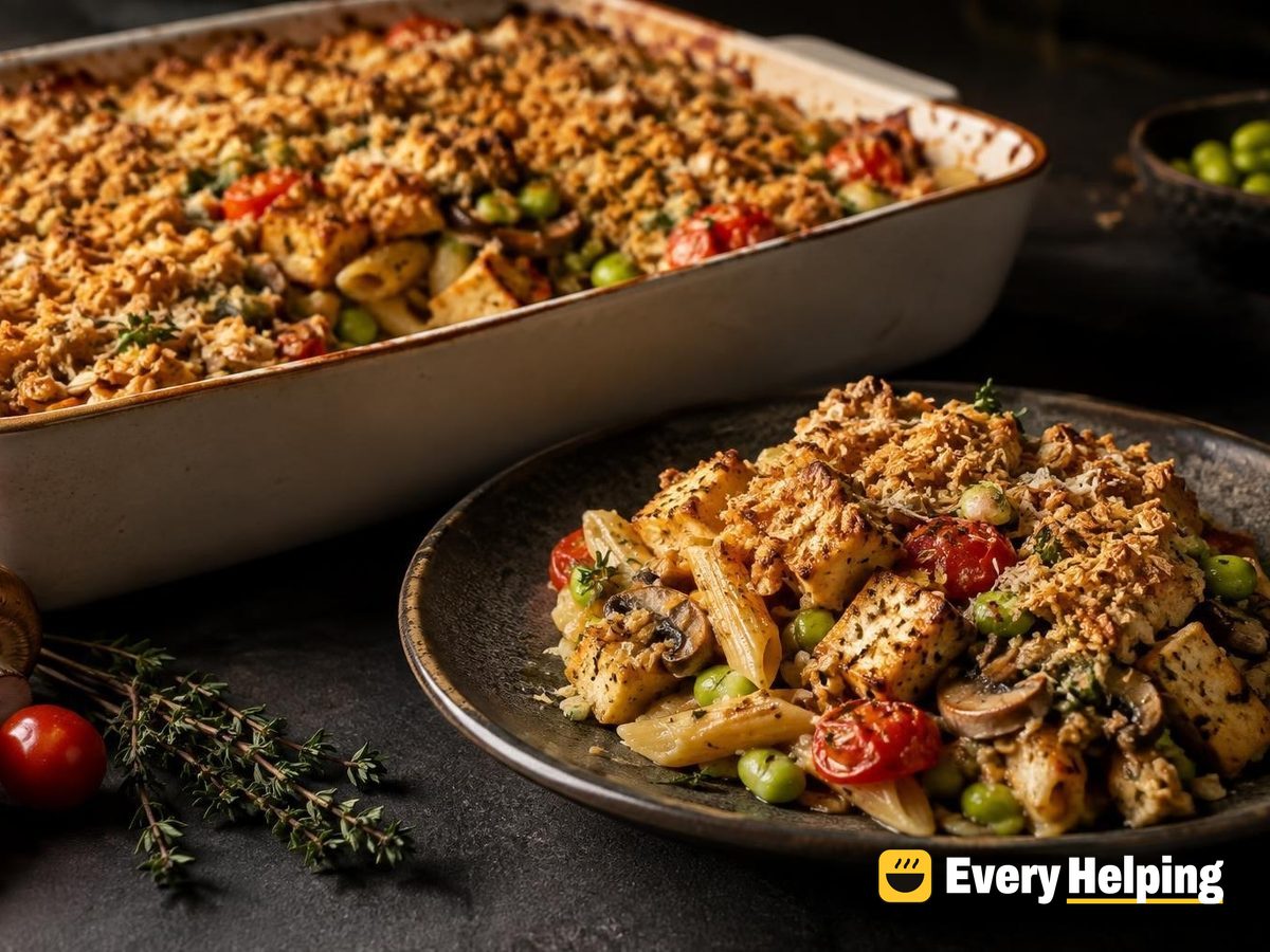 Tofu Pasta Bake with Herb Broth and Oat Crumb