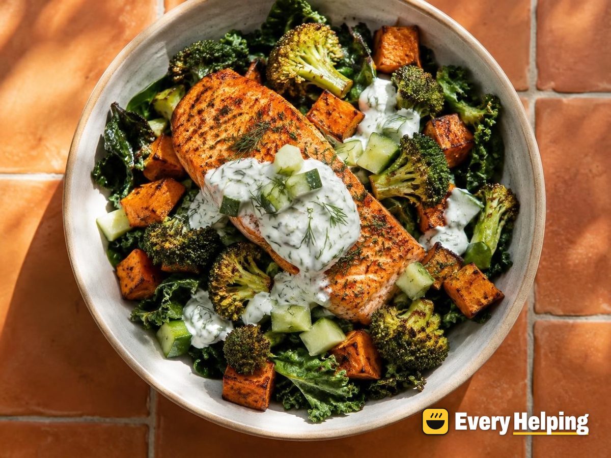 Sheet-Pan Salmon Greens Bowls with Dill Yogurt
