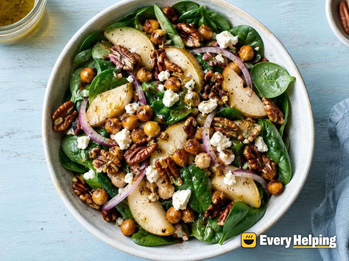 Crispy Chickpea Spinach Salad with Pears
