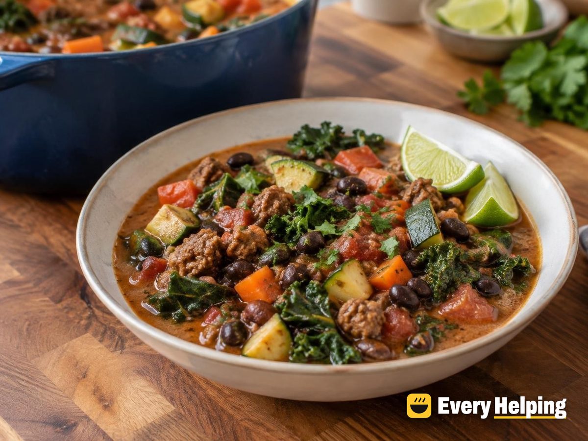 Coconut Beef Chili with Zucchini and Kale