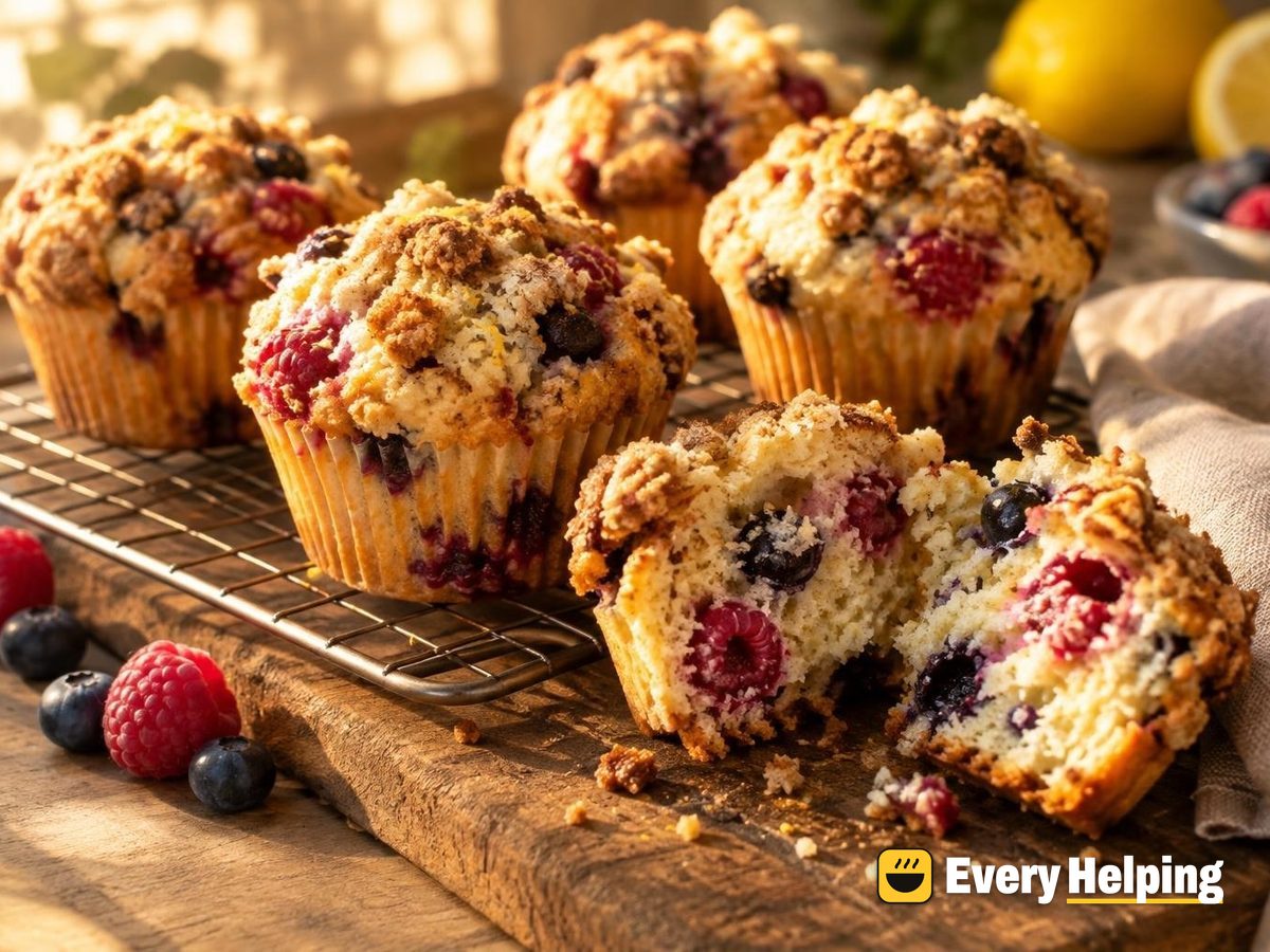 Lemon Raspberry Blueberry Crumb Muffins