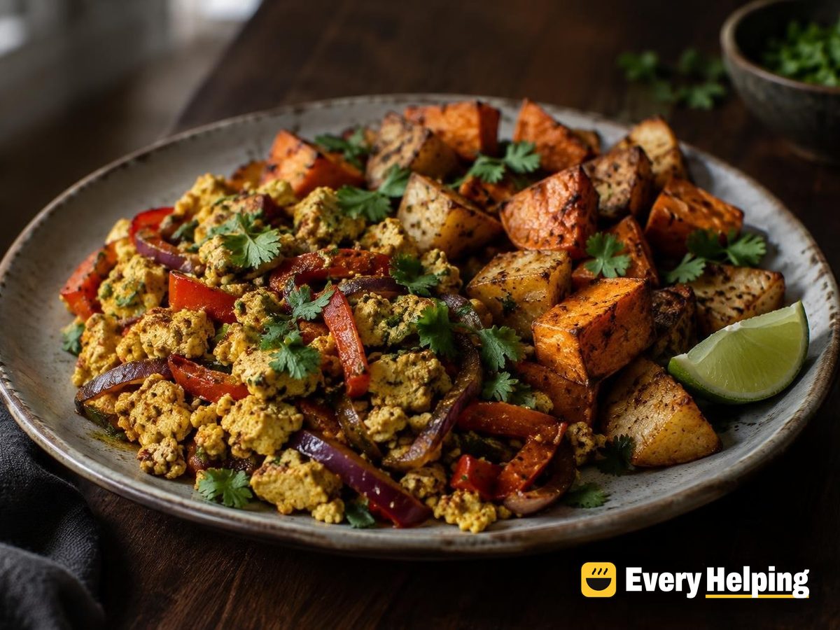 Turmeric-Cumin Tofu Scramble with Crispy Sweet Potatoes