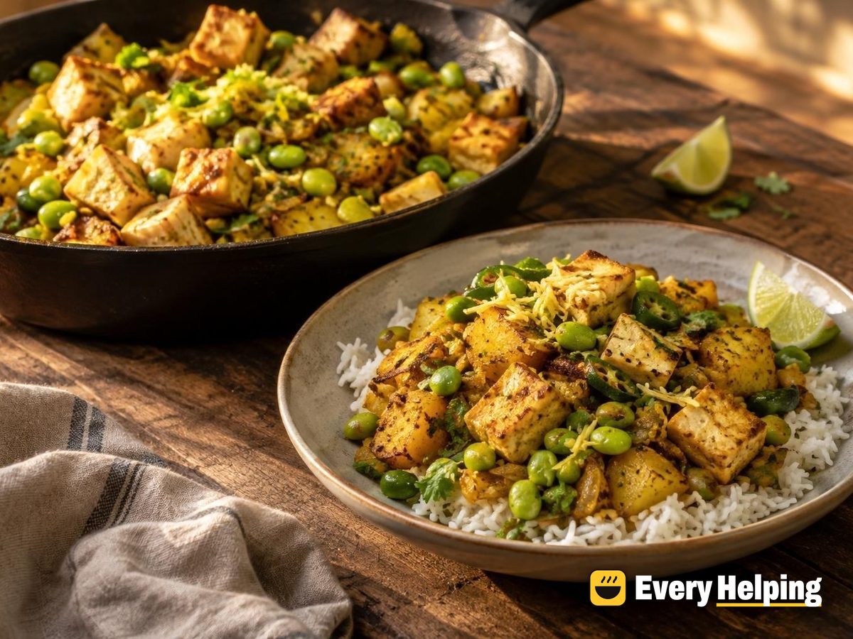 Tofu, Potato and Edamame Dry Curry with Ginger