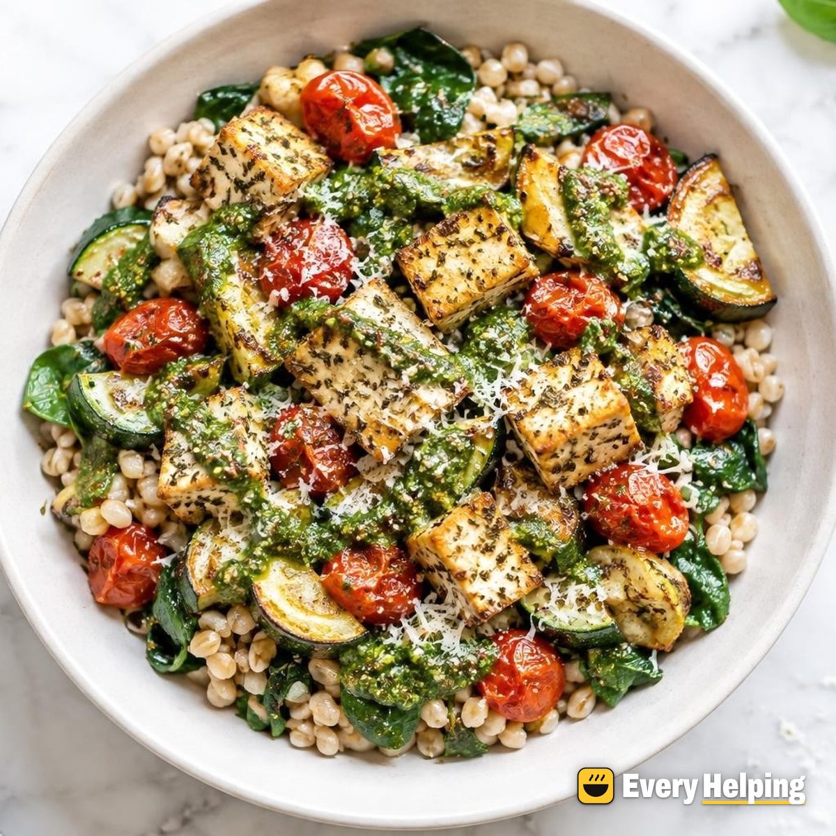 Herbed Tofu Farro-Style Barley Bowls with Pesto
