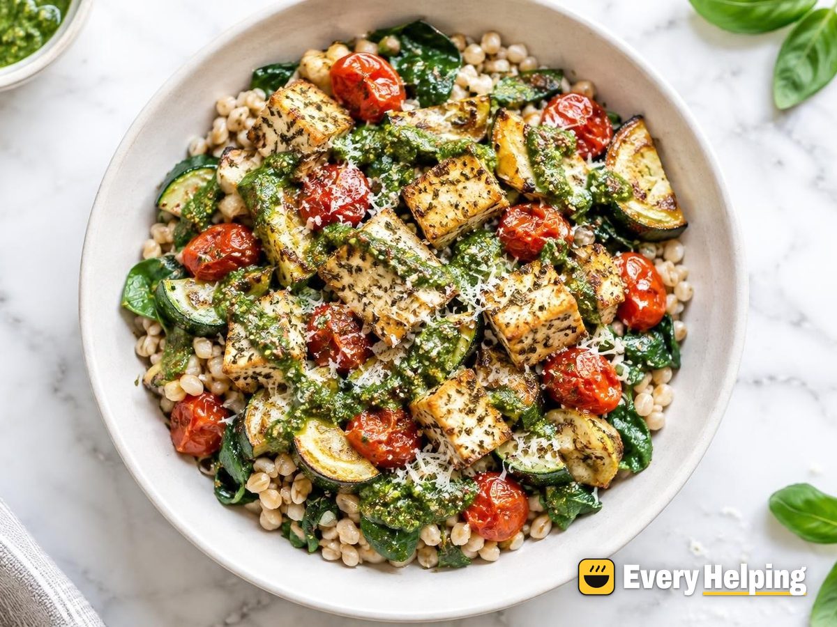Herbed Tofu Farro-Style Barley Bowls with Pesto