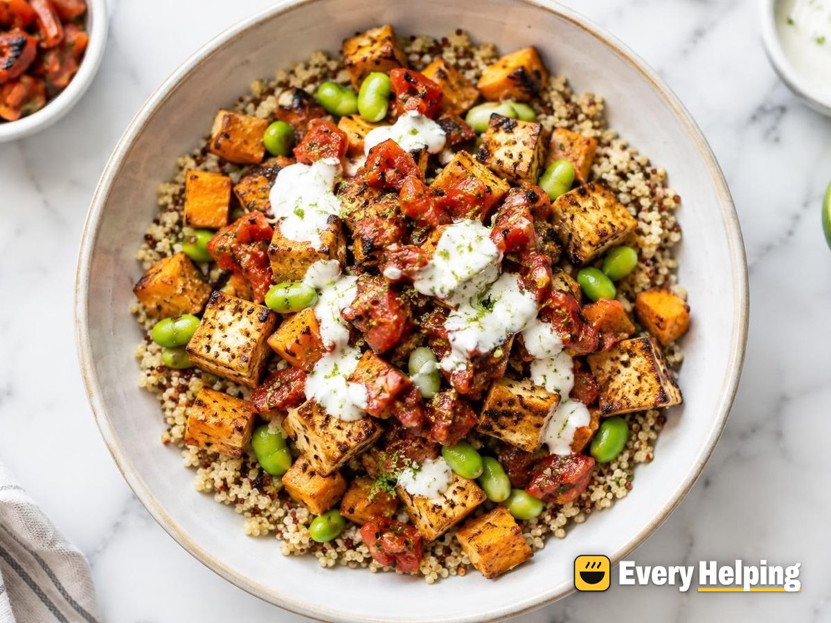 Sheet-Pan Cumin Tofu Quinoa Bowls with Charred Salsa
