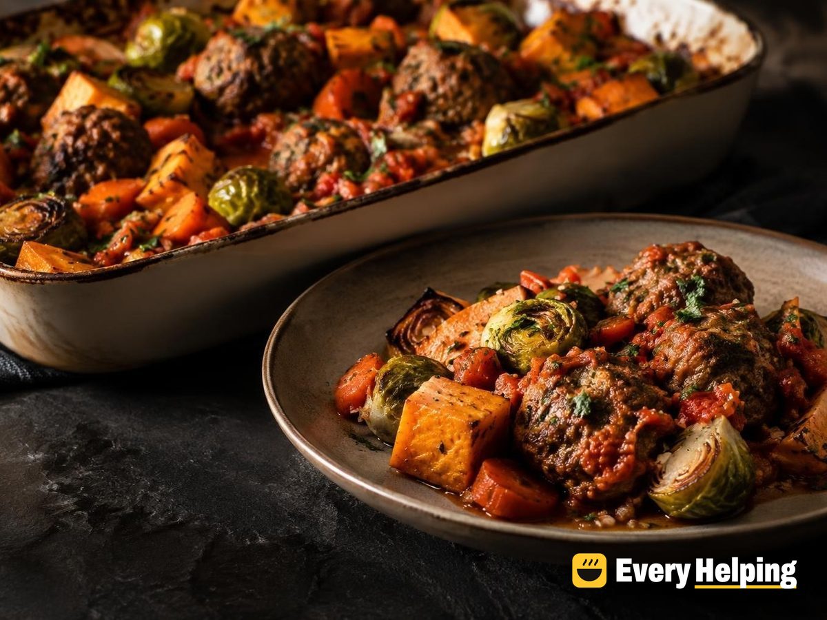 Parsley-Mint Beef Meatballs with Roasted Roots