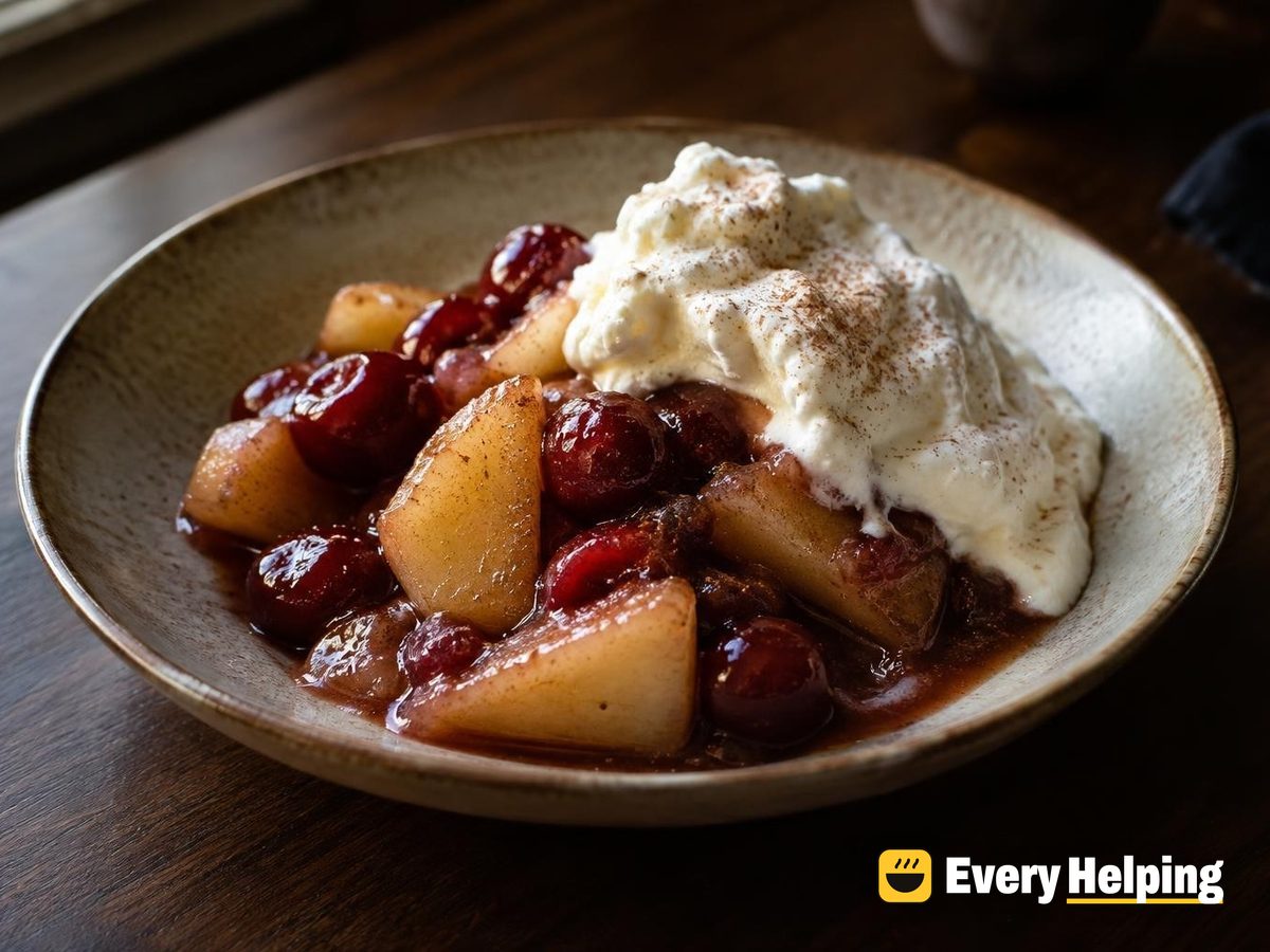 Warm Cinnamon Cherry-Pear Compote with Whipped Cream