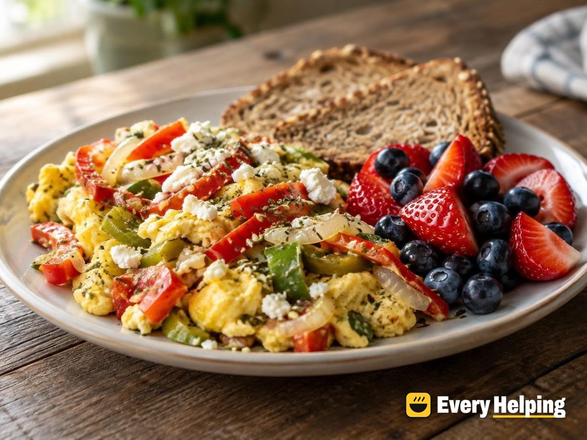 Italian Pepper-Onion Scramble with Feta and Berries