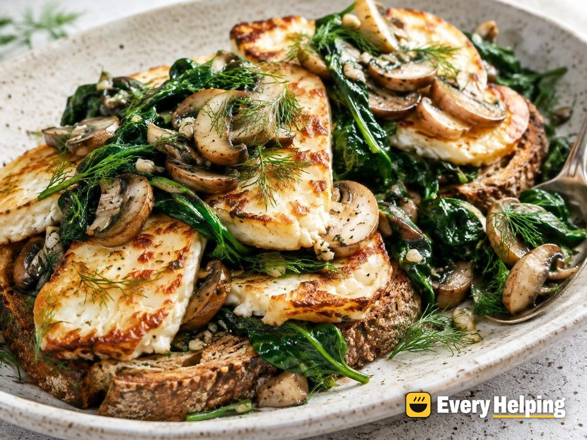 Seared Queso Blanco with Garlicky Mushrooms on Toast