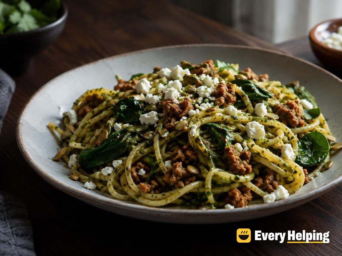 Cilantro-Jalapeño Pesto Spaghetti with Chorizo-Spiced Pork