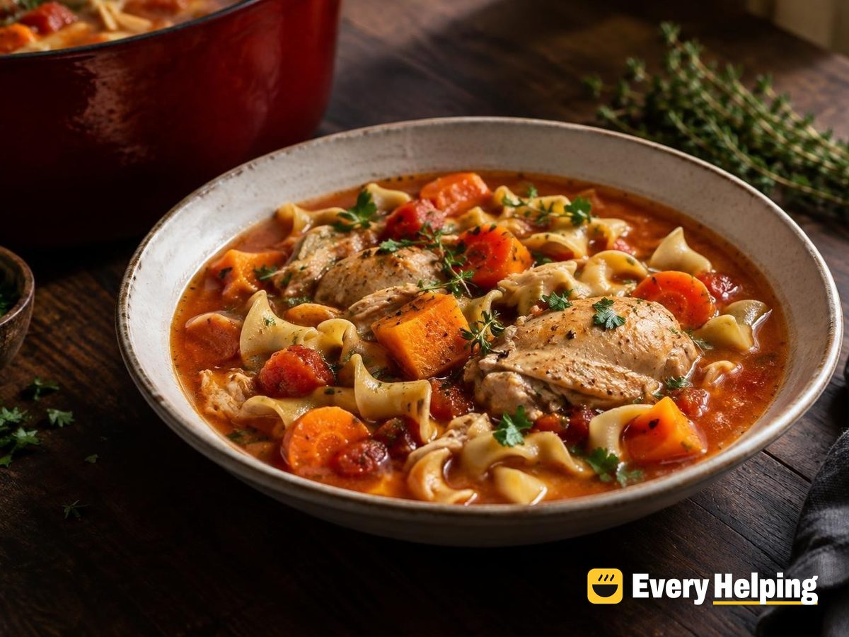 Tomato Chicken Noodle Soup with Root Vegetables