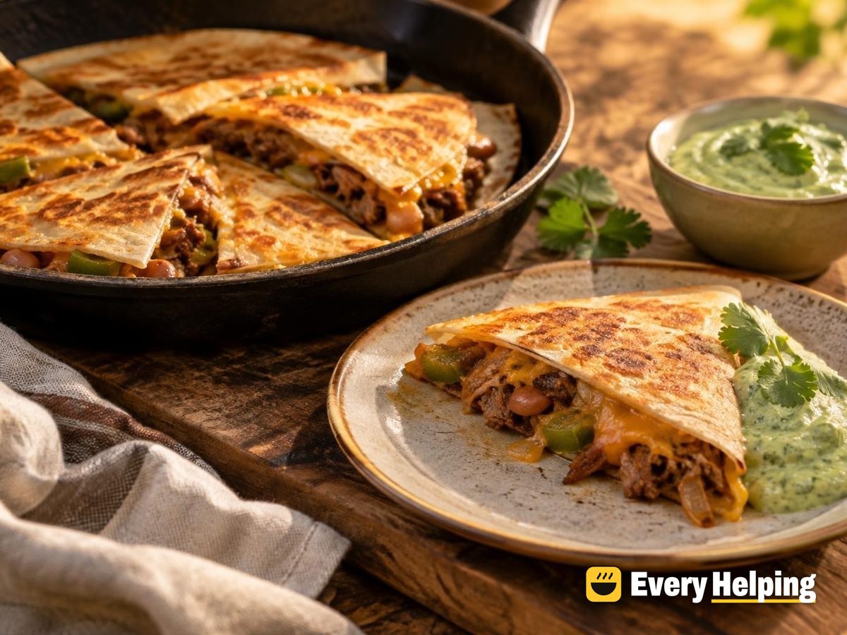 Pork Carnitas-Style Quesadillas with Avocado Sauce