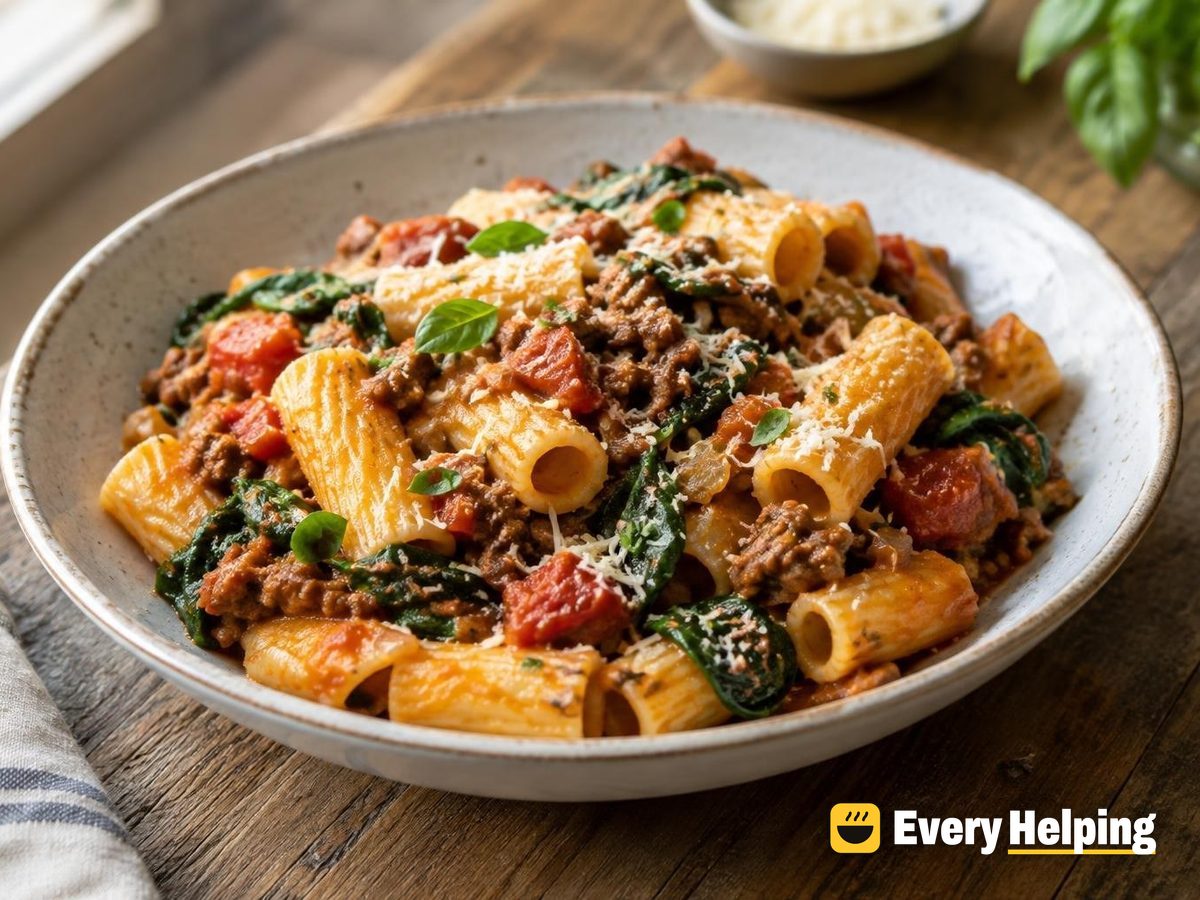 One-Pot Beef Rigatoni with Tomato, Basil and Spinach