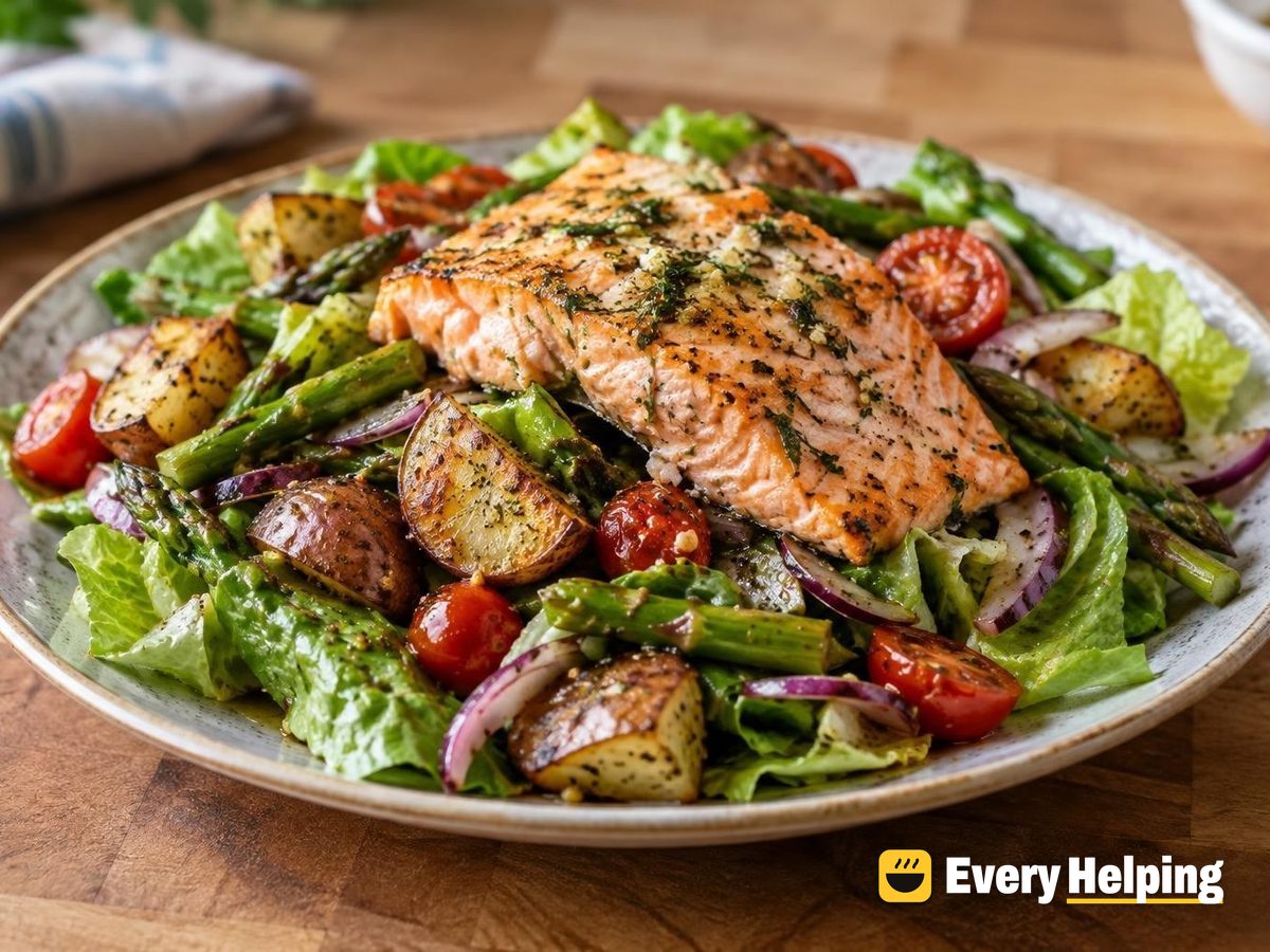 Sheet-Pan Salmon, Potato and Asparagus Romaine Salad