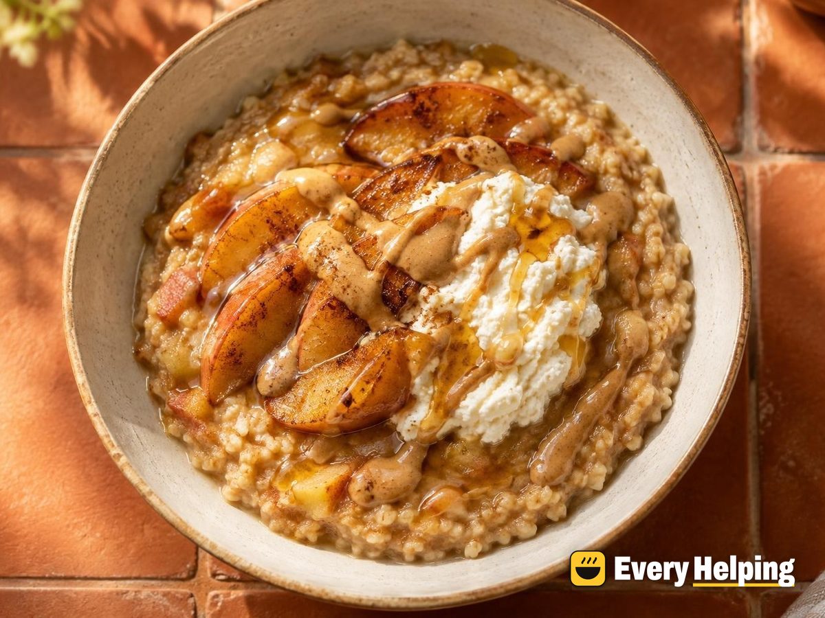 Caramelized Apple Bulgur-Oat Porridge with Ricotta