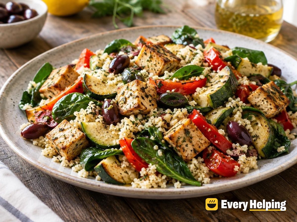 Roasted Tofu, Zucchini and Couscous Spinach Salad
