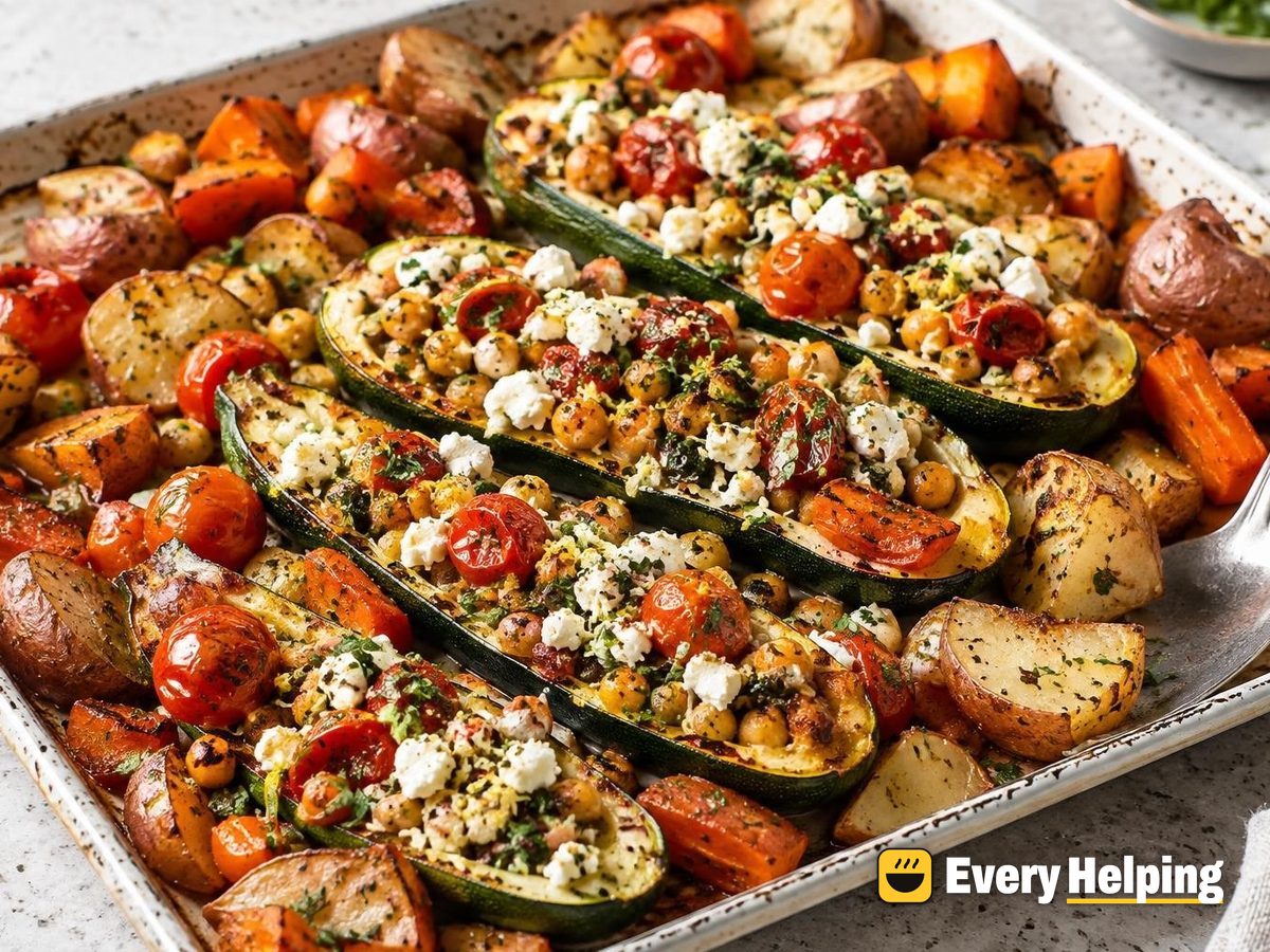Garlic Herb Stuffed Zucchini with Roasted Potatoes