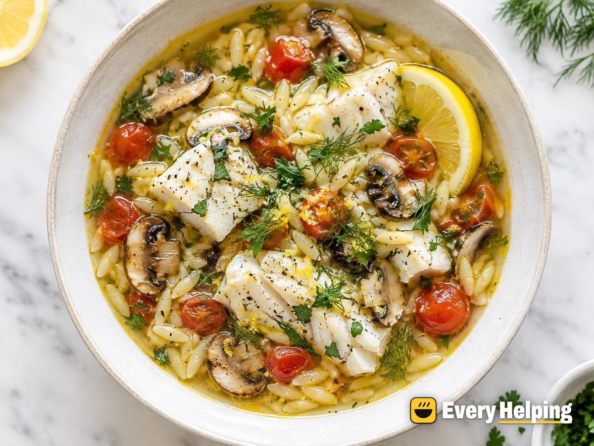 Lemony Cod, Mushroom and Orzo-Style Noodle Soup