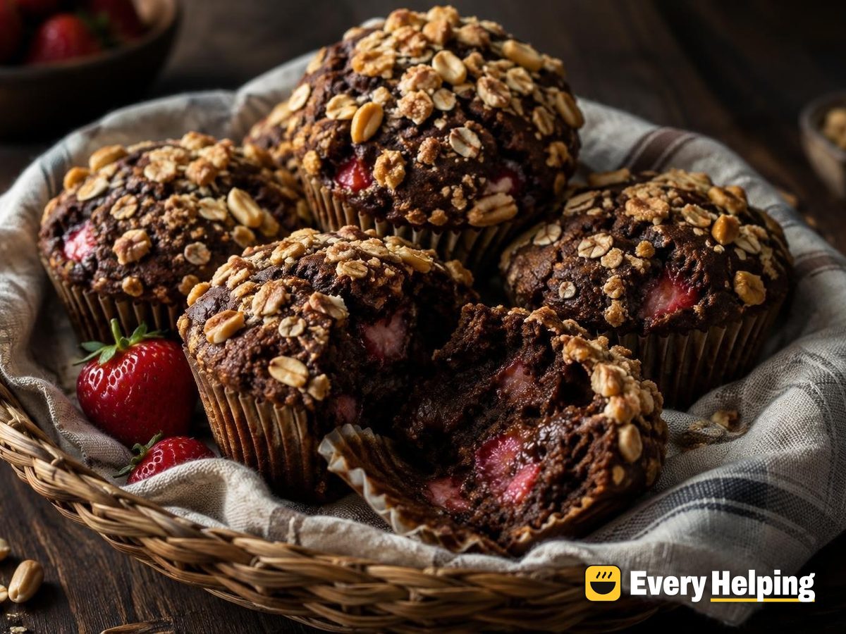 Chocolate Strawberry Muffins with Peanut Streusel