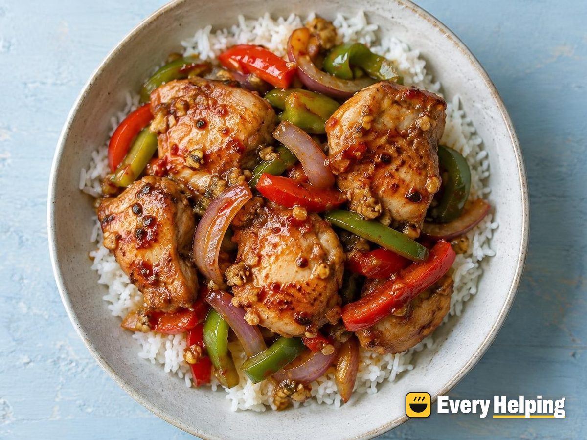 Chili Garlic Chicken Thighs with Peppers and Onions