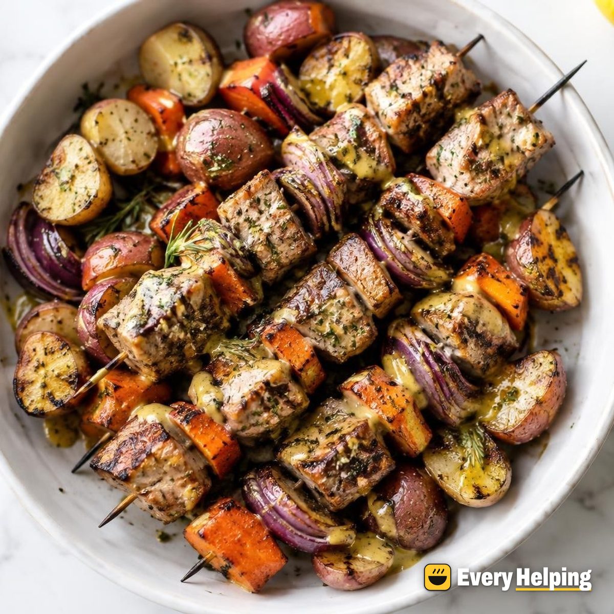 Garlic Herb Pork Tenderloin Skewers with Potatoes