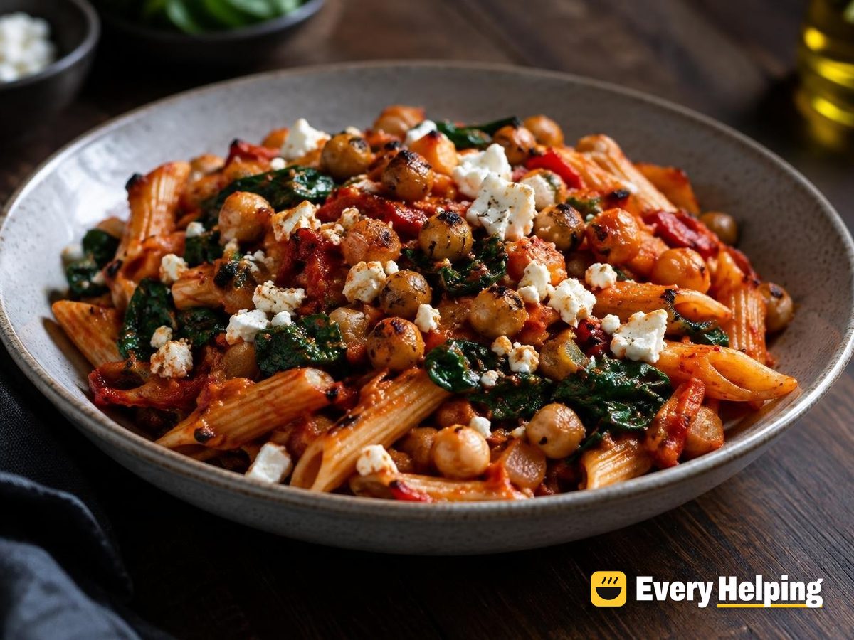 Roasted Red Pepper Penne with Chickpeas and Feta