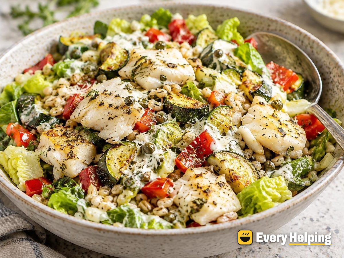 Roasted Cod and Barley Caesar Salad