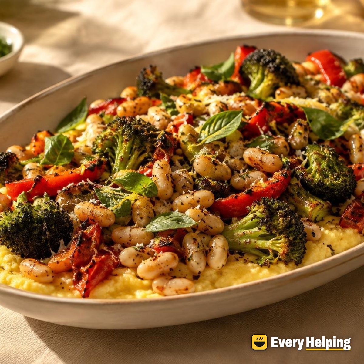 Roasted White Beans with Broccoli, Peppers and Polenta