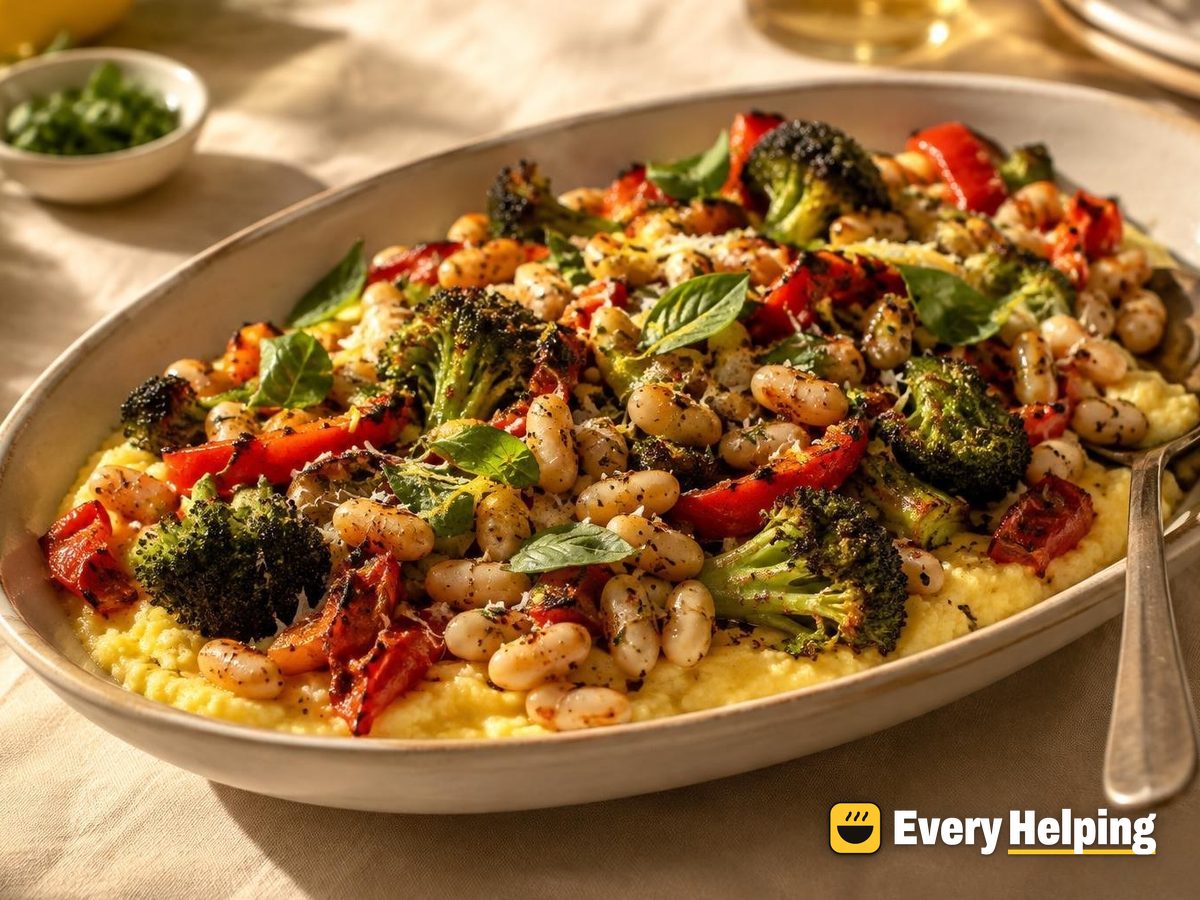 Roasted White Beans with Broccoli, Peppers and Polenta
