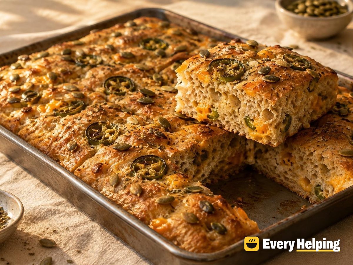 Spelt Cheddar Focaccia with Jalapeño and Pepitas