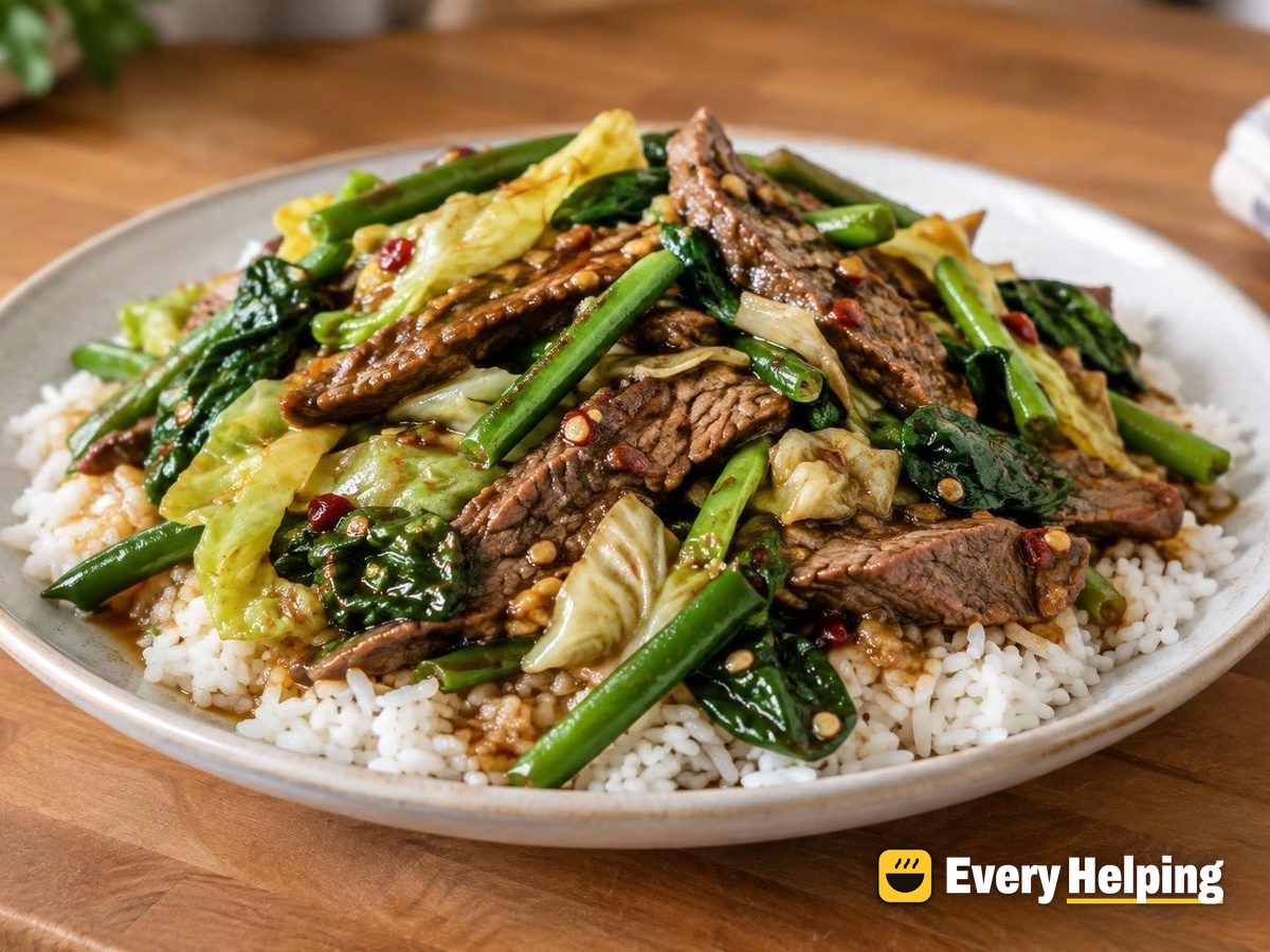 Chili Garlic Flank Steak with Cabbage and Spinach