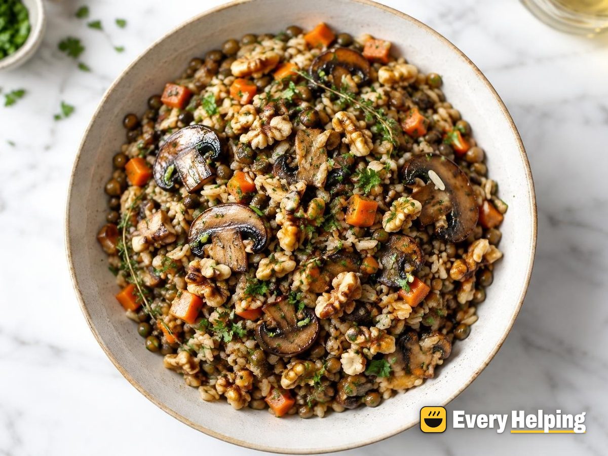 Wild-Style Mushroom Lentil Pilaf with Walnuts
