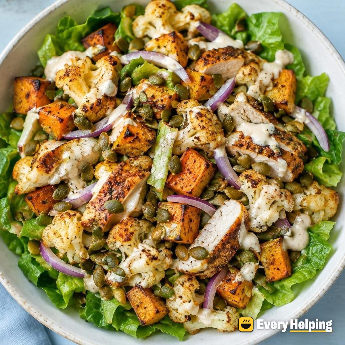 Roasted Turkey, Sweet Potato and Cauliflower Romaine Salad